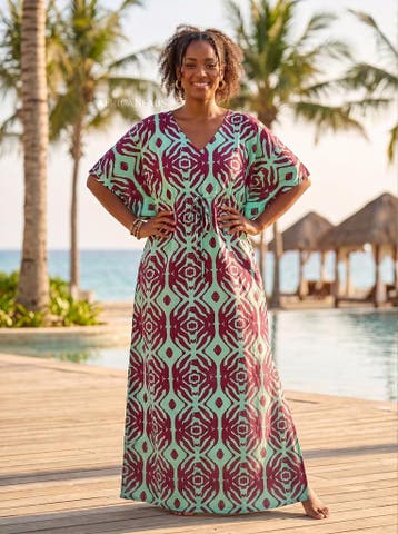 Boho rayon kaftan jurk met tailleband - Bordeauxrood Mint Tr, Ophalen of Verzenden, Nieuw