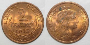 France Gadoury 107 2 Centimes 1913 Type Dupuis Tache Sino..., Verzenden