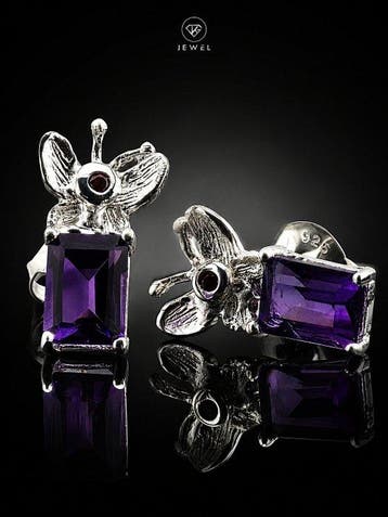 Paars amethist bloemvormige oorbellen - 925 zilver -