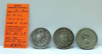 Peru. Lotto 3 monete argento da 1 Sol 1869-1871-1891 Por la