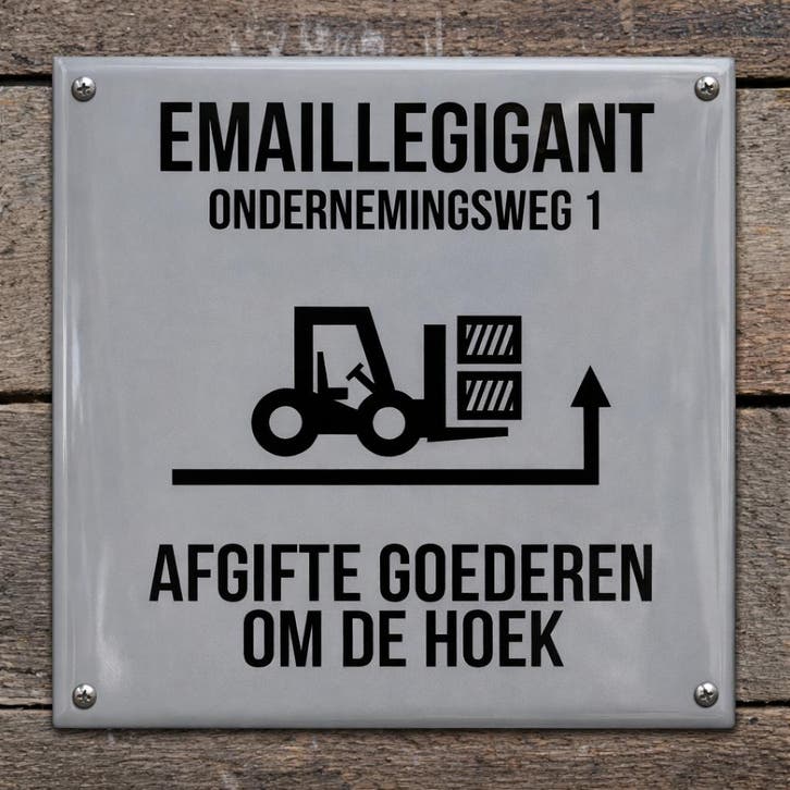 Emaille bord afgifte goederen om de hoek, Verzamelen, Merken en Reclamevoorwerpen, Verzenden