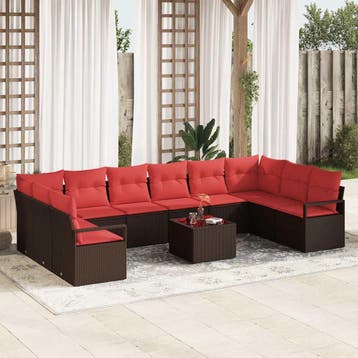 vidaXL Tuinbankenset 11 st Bruin en Rood poly rattan, Verzenden, Nieuw, Rotan, Meer dan 8 zitplaatsen