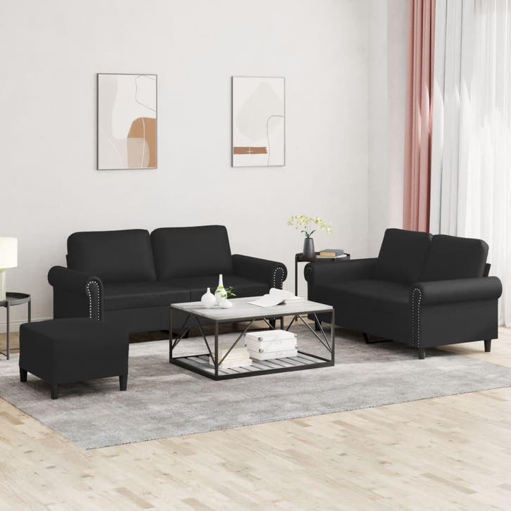 vidaXL 3-delige Loungeset met kussens kunstleer zwart, Huis en Inrichting, Banken | Bankstellen, Nieuw, Leer, Vierpersoons of meer