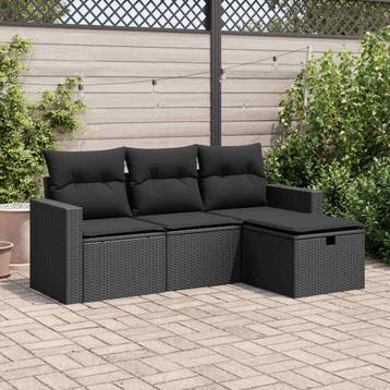 vidaXL 4-delige Loungeset met kussens poly rattan zwart, Verzenden, Nieuw, Loungeset
