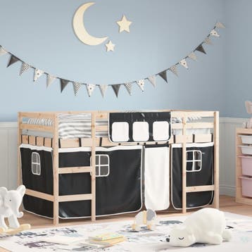 vidaXL Kinderhoogslaper met gordijnen 80x200 cm massief, Eenpersoons, Verzenden, Zwart, Nieuw