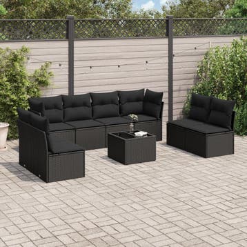 vidaXL 9-delige Loungeset met kussens poly rattan zwart, Tuin en Terras, Verzenden, Nieuw, Loungeset