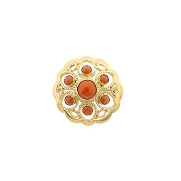Vintage gouden entourage broche met bloedkoraal, Gebruikt, Overige kleuren, Ophalen of Verzenden, Met edelsteen
