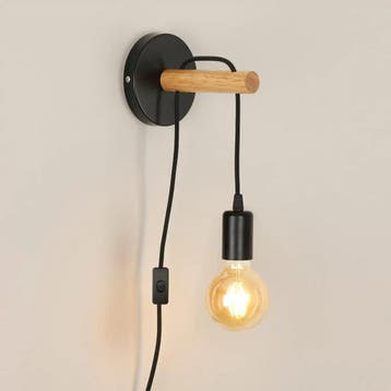 Vintage Industriële Wandlamp Hout E27 met Stekker, Verzenden, Nieuw