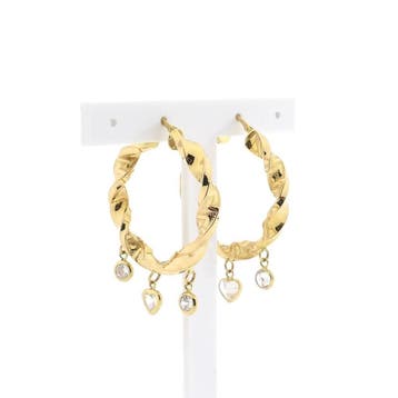 Gouden wokkel creolen met zirconia; Ø 34,5 mm (Oorbellen), Gebruikt, Overige kleuren, Ophalen of Verzenden, Met edelsteen