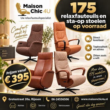 Veel voorraad en voordeel relaxfauteuils en sta-op stoelen, Nieuw