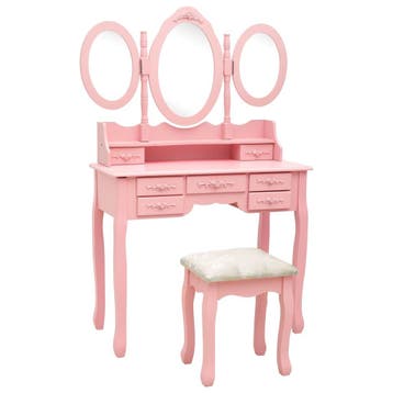 vidaXL Kaptafel met kruk en drievoudige spiegel roze, Verzenden, Nieuw