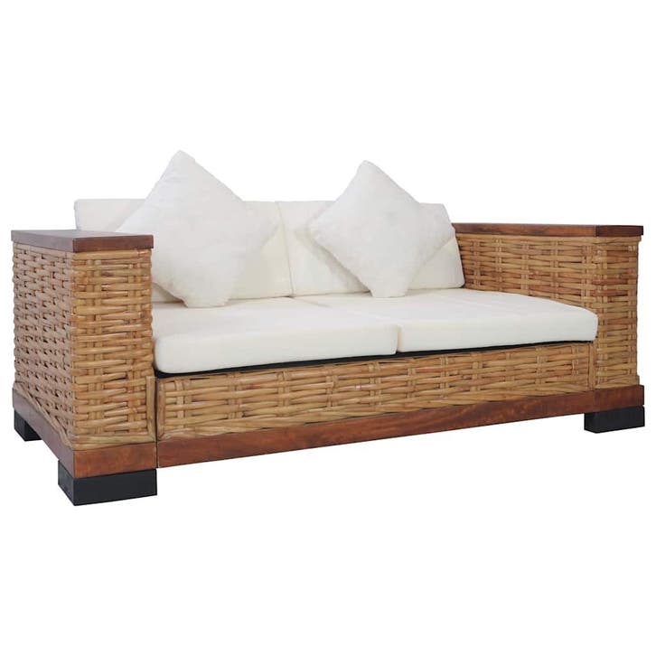 vidaXL Tweezitsbank met kussens natuurlijk rattan bruin, Huis en Inrichting, Banken | Bankstellen, Nieuw, 150 tot 200 cm, Riet of Rotan