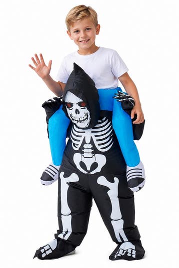 KIMU® Opblaas Kostuum Kinderen Zittend op Skelet Zwart 122 1, Ophalen of Verzenden, Nieuw, Halloween, Kleding