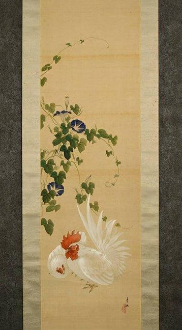 Very fine chicken and morning glory scroll, signed -