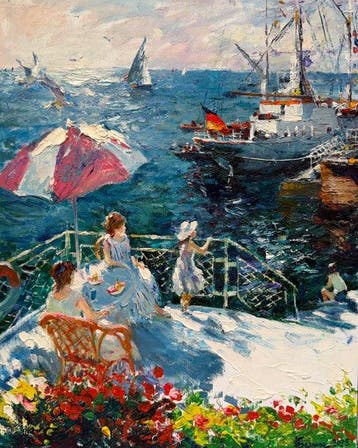 Anatoly Belonog (1946) - Déjeuner en Terrasse – Voiliers au
