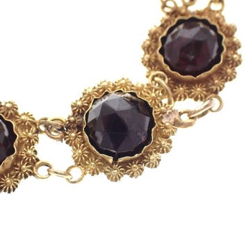Antiek gouden bootjes armband met granaat (Schakelarmband), Gebruikt, Ophalen of Verzenden, Met edelsteen, Goud