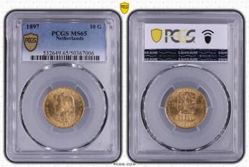 Gouden Wilhelmina 10 gulden 1897 MS65 losse parels PCGS, Postzegels en Munten, Verzenden, Goud, Koningin Wilhelmina, Losse munt