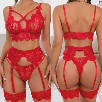 Luxe Kanten Lingerie Set met Bralette, String en Jarretel -, Verzenden