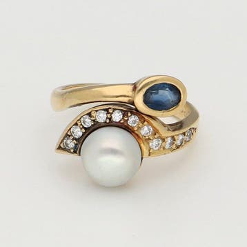 Ring - 18 karaat Geel goud Parel - Diamant - Parel, Nieuw