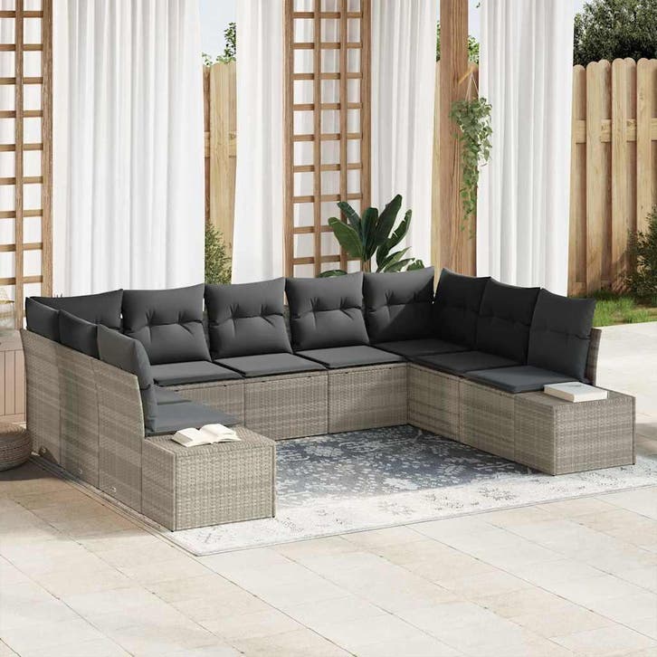 vidaXL Tuin Sofa Set met kussen 9 pcs Lichtgrijs poly rattan, Tuin en Terras, Tuinsets en Loungesets, Nieuw, Rotan, Verzenden