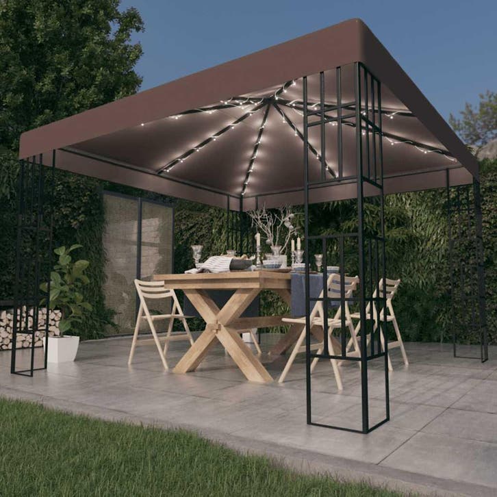 vidaXL Prieel met LED-lichtslinger 3x3 m taupe, Tuin en Terras, Partytenten, Nieuw, Verzenden