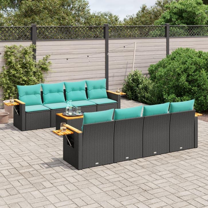 vidaXL 9-delige Loungeset met kussens poly rattan zwart, Tuin en Terras, Tuinsets en Loungesets, Loungeset, Nieuw, Verzenden