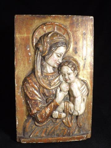 Houten reliëf - Maria met het Christuskind - 28 x 44,4 cm -
