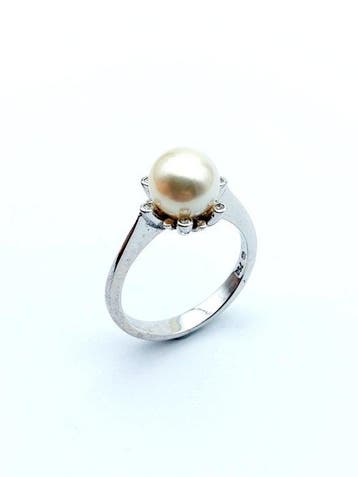 Ring - 18 karaat Witgoud Parel - Diamant, Nieuw
