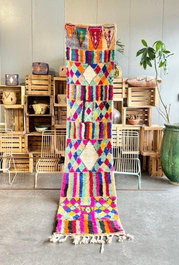 Moroccan Boujad Runner Rug – Colorful Hand-Knotted Wool, Nieuw