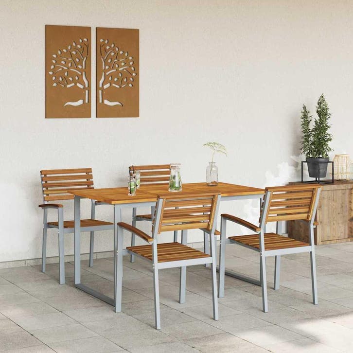 vidaXL Tuin eettafelset 5 pcs Grijs Massief Acaciahout, Tuin en Terras, Tuinsets en Loungesets, Nieuw, Verzenden