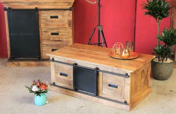 Mango Box Salontafel Emma met 2 lades. GRATIS BEZORGING!!, Overige houtsoorten, 100 tot 150 cm, Nieuw, Industriëel