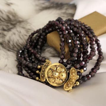 Antieke granaat kralencollier met gouden sierslot (Ketting), Sieraden, Tassen en Uiterlijk, Gebruikt, Ophalen of Verzenden, Met edelsteen