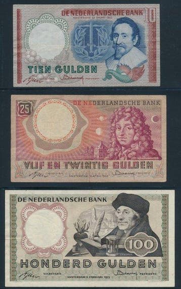 Nederland. - 10, 25 and 100 Gulden - 1953/1955 (Zonder