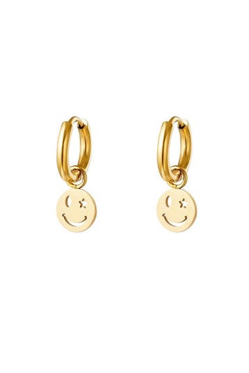 Rvs oorbel smiley en ster goud kleur stainless steel, Verzenden, Nieuw, Zilver, Overige materialen