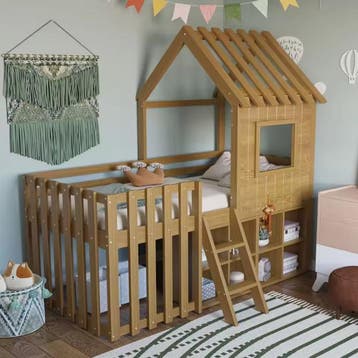 Houten kinderhuisbed 90x200 met dak, ladder en opbergruimte, Verzenden, Nieuw