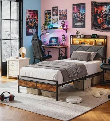 Modern Metalen Bed 90x200cm met LED Verlichting, Opbergkopst, Verzenden, Nieuw