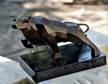 sculptuur, kubistische bull - 20 cm - brons marmer