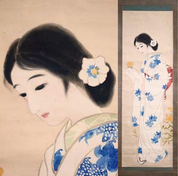 Japanse hangende rol - Kimono-schoonheid die een enkele, Antiek en Kunst