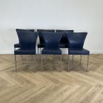 complete set van 6 eetkamerstoelen,  blauw leder Nieuw, Ophalen of Verzenden, Nieuw, Leer