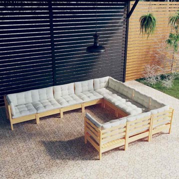 vidaXL 10-delige Loungeset met crèmekleurige kussens, Tuin en Terras, Verzenden, Nieuw, 7 zitplaatsen, Loungeset
