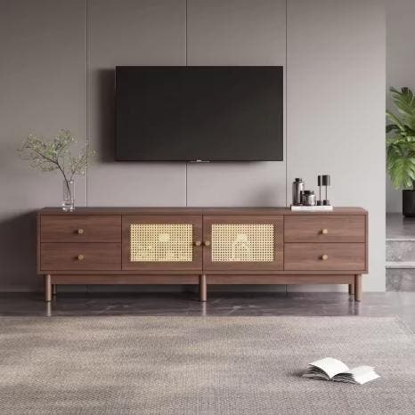 TV-Meubel 180 cm – Donker Hout met Rotan Deuren en Lades, Huis en Inrichting, Kasten | Televisiemeubels, Nieuw, Verzenden