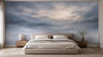Wolken behang – zachte blauwe lucht met warm licht, Huis en Inrichting, Grijs, Natuurlijk, Overige merken, Ophalen of Verzenden