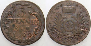 3 Pfennig 1760 Erfurt Mainz, Erzbistum Johann Friedrich K..., Verzenden