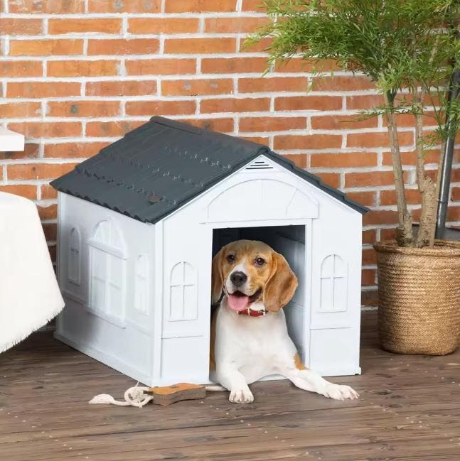 Kunststof Hondenhok – Weerbestendige Buitenkennel Grijs/Wit, Dieren en Toebehoren, Hondenhokken, Nieuw, Verzenden