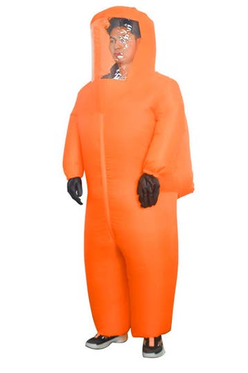 KIMU® Opblaas Kostuum Quarantaine Pak Oranje Opblaasbaar Pak, Carnaval, Nieuw, Overige maten, Ophalen of Verzenden