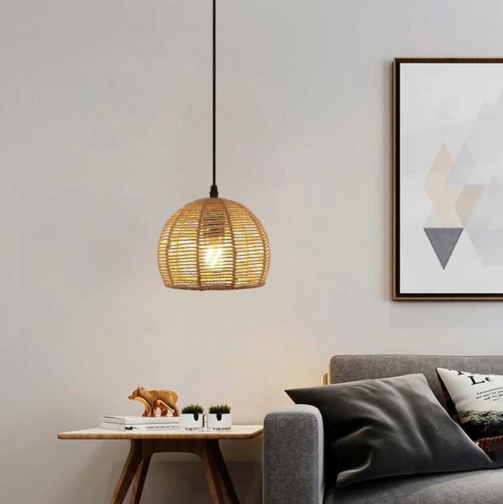 Rotan Plafondlamp – Handgeweven Papier Touwkap Zwarte kabel, Huis en Inrichting, Lampen | Hanglampen, Nieuw, Verzenden