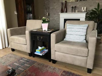 Set van 2 bruine leren fauteuils - bruin leer, Huis en Inrichting, Ophalen of Verzenden, Nieuw, Leer