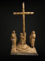 sculptuur, Calvarie scene - 65 cm - Hout, Antiek en Kunst