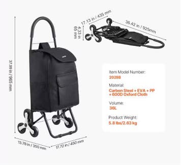 Traploper Boodschappentrolley 36L Opvouwbaar 6 Wielen, Caravans en Kamperen, Verzenden, Nieuw