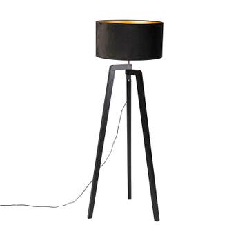 Vloerlamp tripod zwart hout met zwarte kap 50 cm - Puros, Verzenden, Nieuw, Hout, Modern